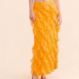 Anthropologie Let Me Be Sasha Ruffled Maxi Skirt Plus 2X Orange Chiffon Angel